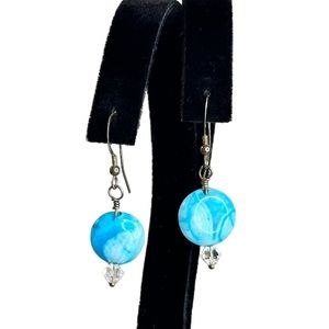 Sterling Silver Vintage Marbled Blue Stone Beaded Earrings